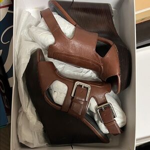 Calvin Klein Brown Leather Wedge Sandals, size 6.5